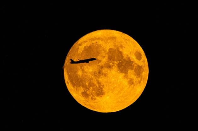 Bilder des Jahres 2023, News 08 August News Themen der Woche KW35 News Bilder des Tages Der Blue Moon mit einem, vom Flughafen BER gestarteten Flugzeug, am Abend des 30. August 2023 am Himmel über Brandenburg. Als Bluemoon bezeichnet man das seltene Ereignis, wenn es in einem Monat zwei Vollmonde gibt. Blue Moon