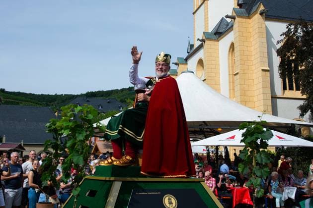 Bilder des Jahres 2023, News 09 September News Themen der Woche KW35 News Bilder des Tages Traditional Wine Parade Returns In Ahrweiler, Germany After Flood And Corona Pandmic A man is dressing as the god of Wine Bacchus at the opening of the wine parade at the market place before the start of the traditional wine parade in Ahrweiler, Germany on September 3, 2023 Ahrweiler Germany  Copyright: xYingxTangx originalFilename: tang-notitle230903_npdYv