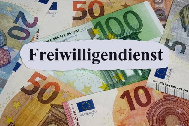Geldscheine mit Freiwilligendienst Geldscheine mit Freiwilligendienst, 09.09.2023, Borkwalde, Brandenburg, Auf Geldscheinen liegt der Schriftzug Freiwilligendienst.