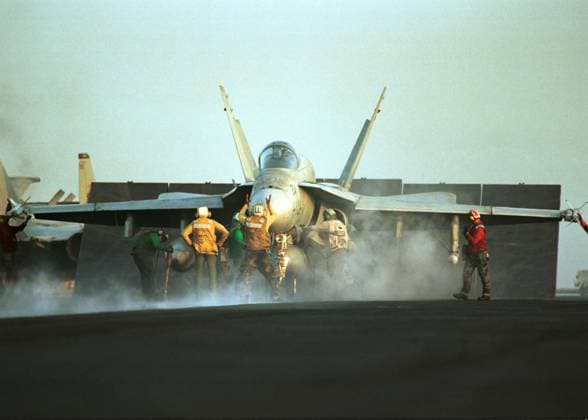 **Preparing For Take Off** 10 8 2001 F A-18 Hornet from Fighter Attack Squadron (VFA) 94 launches from USS Carl Vinson (CVN 70) for a mission in support of Operation Enduring Freedom. Credit: Charles Crowell Black Star EDITORIAL USE ONLY Copyright: x2001xCharlesxCrowel BlackxStarx CharlesxCrowelx media flight deck 005