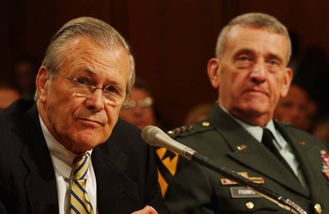 IRAQ AND AFGHANISTAN 7 9 03 IRAQ AND AFGHANISTAN--Defense Secretary Donald H. Rumsfeld and General Tommy R. Franks, Commander, United States Central Command, testify during the Senate Armed Services hearing on Òlessons learnedÓ during Operation Enduring Freedom in Afghanistan and Operation Iraqi Freedom. CONGRESSIONAL QUARTERLY PHOTO BY SCOTT J. FERRELL WASHINGTON DC USA EDITORIAL USE ONLY Copyright: xCongressionalxQuarterlyxInc.x ScottxJ.xFerrellx cqphotos017206