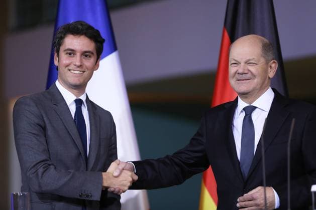 Bilder des Jahres 2024, News 02 Februar News Themen der Woche KW06 News Bilder des Tages Berlin, Deutschland, 05.02.2024: Bundeskanzleramt: Begrüßung Premierminister von Frankreich durch den deutschen Bundeskanzler mit militärischen Ehren: Gabriel Attal und Olaf Scholz geben sich die Hand Copyright: xdtsxNachrichtenagenturx dts_30388