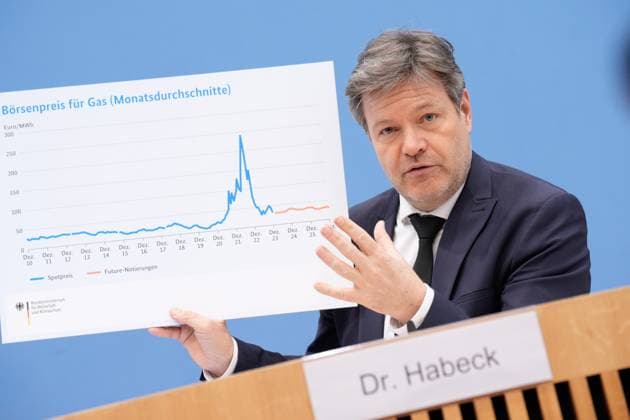 Bilder des Jahres 2024, News 02 Februar News Themen der Woche KW08 News Bilder des Tages Bundespressekonferenz, Vorstellung des Jahreswirtschaftsberichts 2024 Wirtschaftsminister Robert Habeck (Gruene) zeigt ein Schild mit der Entwicklung der Gaspreise an der Boerse bei der Vorstellung des Jahreswirtschaftsberichts 2024 in der Bundespressekonferenz, Berlin , 21.02.2024