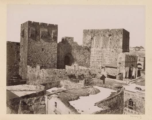 RECORD DATE NOT STATED Towers of David and Hippicus in Jerusalem, seen over roofs, Maison Bonfils, c. 1867 - c. 1895 photograph Part of Reisalbum with photos of Jerusalem and other biblical places. Jerusalem cardboard. paper. photographic support albumen print city-walls. towers ~ fortified city Jerusalem Copyright: xpiemagsx rknbpie11012024-22433 !ACHTUNG AUFNAHMEDATUM GESCHÄTZT!