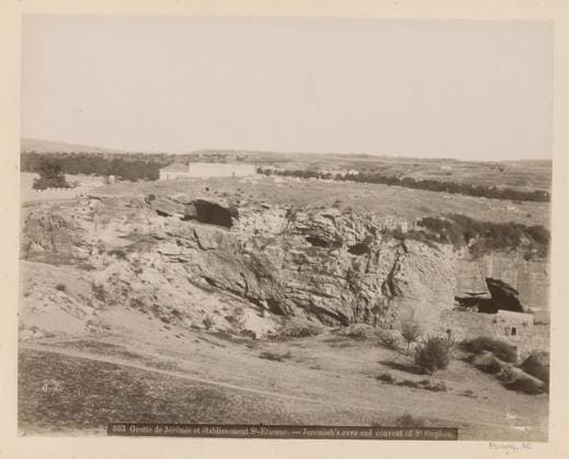 RECORD DATE NOT STATED View of the cave of Jeremiah and the monastery of St. Stefanus near Jerusalem, Maison Bonfils, c. 1867 - c. 1895 photograph Part of Reisalbum with photos of Jerusalem and other biblical places. Jerusalem cardboard. paper. photographic support albumen print cave, grotto. abbey, monastery, convent ~ Roman Catholic church Jerusalem Copyright: xpiemagsx rknbpie11012024-22457 !ACHTUNG AUFNAHMEDATUM GESCHÄTZT!