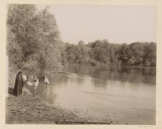 RECORD DATE NOT STATED Man with a horse on the banks of the Jordaan, Maison Bonfils, c. 1867 - c. 1895 photograph Part of Reisalbum with photos of Jerusalem and other biblical places. Jordan cardboard. paper. photographic support albumen print river (+ landscape with figures, staffage). riding a horse, ass, or mule; rider, horseman Jordan Copyright: xpiemagsx rknbpie11012024-22472 !ACHTUNG AUFNAHMEDATUM GESCHÄTZT!