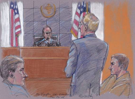TIMOTHY McVEIGH (1968-2001). American domestic terrorist responsible for the 1995 Oklahoma City bombing. McVeigh and his lawyer before the judge during his pre-trial hearing. Drawing by Brigitte Woosley, 1996.  Copyright: xGRANGERx xGRANGERx 1031355