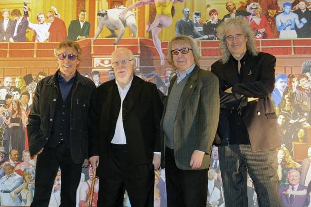 The Who singer Roger Daltrey, British artist Sir Peter Blake, former Rolling Stones Bill Wyman and Queen lead guitarist Brian May at the unveiling of Sir Peter Blake s new mural at the Royal Albert Hall in London 117667, The Who singer Roger Daltrey, British artist Sir Peter Blake, former Rolling Stones Bill Wyman and Queen lead guitarist Brian May at the unveiling of Sir Peter Blake s new mural at the Royal Albert Hall in London. London, United Kingdom - Tuesday April 29, 2014., Credit:PacificCoastNews Avalon United Kingdom, London  Copyright: xPacificCoastNewsx xAvalonx 0530702219