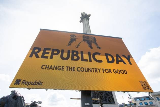 May 5, 2024, London, England, United Kingdom: Anti-monarchy group Republic stage a protest in Trafalgar Square on the first anniversary of the crowning of King Charles III. London United Kingdom - ZUMAs262 20240505_zip_s262_244 Copyright: xTayfunxSalcix