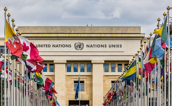 Palais des Nations Blick auf den Palais des Nations, welches der Hauptsitz der Vereinten Nationen in Genf ist. (Genf, Schweiz, 03.08.2023)
