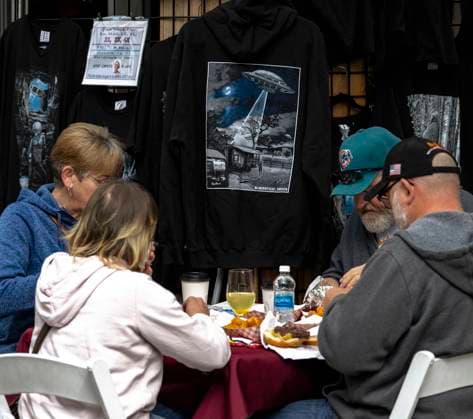 May 18, 2024 - McMinnville, Oregon, USA - The 24th Annual McMenamins UFO Festival commemorates the sighting of a UFO in 1950 by McMinnville farmer Paul Trent, who made several photos of a disc-shaped object hovering over his land. Mcminnville USA - ZUMAce6_ 20240518_zaf_ce6_004 Copyright: xBrianxCahnx