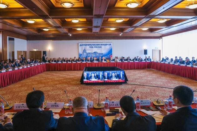 RUSSIA, MOSCOW - MAY 29, 2024: Russia s Foreign Minister Sergei Lavrov holds a meeting with heads of the diplomatic missions accredited to Moscow to discuss the Ukraine conflict settlement. Russian Foreign Ministry TASS  70606216