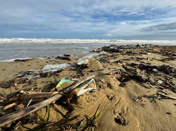 verschmutzter Strand am Meer nach einem Unwetter. Aus dem Meer wurde Dreck und Plastik angespült am Urlaubsort Lido di Jesolo in Italien