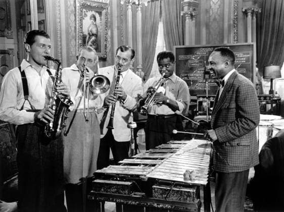 A Song is Born - filmstill CAST - (L to R) Charlie Barnett, Tommy Dorsey, Benny Goodman, Louis Armstrong, Lionel Hampton in A Song is Born EDITORIAL USE ONLY Copyright: xCAP PLFx