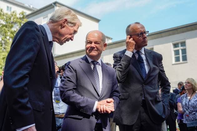 Bilder des Jahres 2024, News 07 Juli News Themen der Woche KW 29 Feierstunde 20. Juli 2024, Scholz, Merz Feierstunde am 20. Juli 2024 - 80. Jahrestag des Attentats- und Umsturzversuchs gegen Hitler im Ehrenhof des Bendlerblocks in Berlin. Bundeskanzler, Olaf Scholz, Friedrich Merz, CDU Parteivorsitzender Berlin Berlin GER