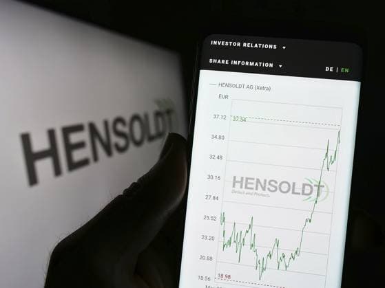 Stuttgart, Germany, 04-21-2023: Person holding cellphone with webpage of German defense company Hensoldt AG on screen in front of logo. Focus on center of phone display, Europe Copyright: imageBROKER TimonxSchneider ibliqx10711846.jpg