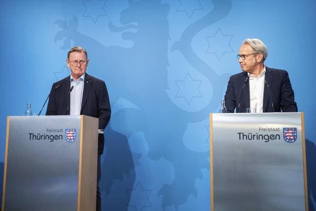News Bilder des Tages RMK RAMELOW - MAIER ** NUR FÜR REDAKTIONELLE ZWECKE ** EDITORIAL USE ONLY **<p>27 08 2024-Erfurt: Regierungsmedienkonferenz im Haus Dacheröden mit Ministerpräsident Bodo Ramelow (Die Linke), links, und Georg Maier (SPD), Minister für Inneres und Kommunales, rechts ( Deutschland Thueringen Erfurt Copyright: SaschaxFromm