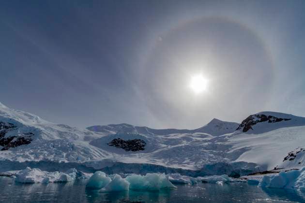 View of sun halo inside Neko Harbor on the western side of the Antarctic Peninsula, Southern Ocean, Polar Regions Copyright: MichaelxNolan 1112-9335 RECORD DATE NOT STATED