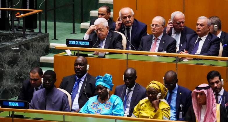 September 24, 2024, XUN: Mahmoud Abbas, President of the State of Palestine, sits with his delegation as they attend the opening of the 79th Session of the UN General Assembly at United Nations headquarters in New York on Tuesday, Sept. 24, 2024. XUN  - ZUMAc35_ 20240924_zaf_c35_018 Copyright: xSeanxKilpatrickx