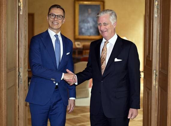 Finland s president Alexander Stubb and King Philippe - Filip of Belgium pose for the photographer during an audience of the Belgian King with Finnish s President Stubb, at the Royal Castle in Laken Laeken, Brussels, Tuesday 08 October 2024. ERICxLALMAND 102153388