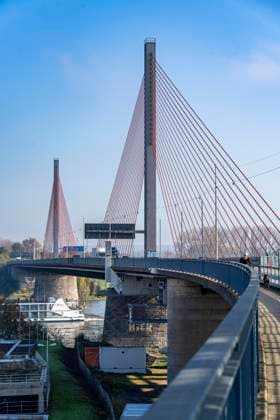 Friedrich-Ebert-Brücke über den Rhein bei Bonn, auch Nordbrücke genannt, Autobahnbrücke der A565, Schrägseilbrücke, NRW, Deutschland Friedrich-Ebert-Brücke