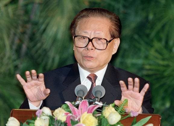Chinese President Jiang Zemin during his joint press conference with the American President George W.Bush at the Great Hall of the People on the first day of the visit by the American President.