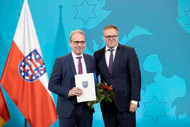 Ernennung Minister Thüringen 13122024 - Georg Maier, Innenminister und MP Mario Voigt +++ Anlaesslich der neuen Brombeer-Koalition aus CD, BSW und SPD wurden die Ministerinnen und Minister in Thueringen ernannt. Erfurt Thueringer Landtag Thueringen Deutschland