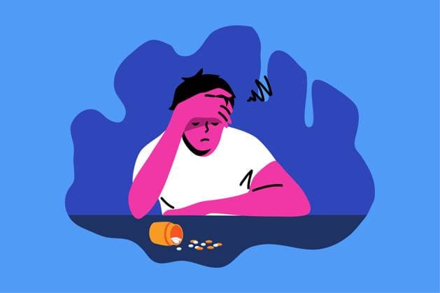 Frustration, Depression, Droge, Sucht, psychische Belastung Konzept. Frustration, depression, addiction, mental stress concept. Depressed frustrated man or guy cartoon character sitting on antidepressants pills. Loneliness emotional problems and bad news illustration. Copyright: xZoonar.com DzianisxVasilyeux 22883606