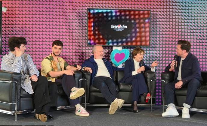 Bilder des Jahres 2025, Entertainment 04 April Entertainment Bilder des Tages Basel, Switzerland - April 14, 2025: Eurovision Song Contest, ESC 2025: Press Conference revealing the Program and Show Parts with Paola Felix, Peter Reber, Luca Hänni, Gjons Tears from the Act: Swiss ESC Legacy. Mandoga Media Germany ESC Eurovision Song Contest 2025 in Basel