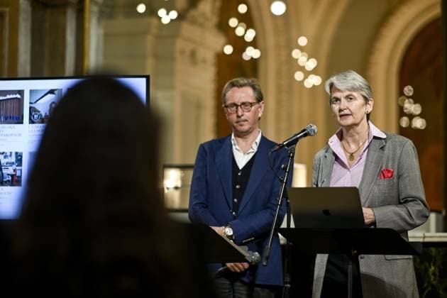 General Director Of De Munt - La Monnaie Theatre Peter De Caluwe and Christina Scheppelmann pictured during the presentation of the 2025-2026 season of Brussels Opera House De Munt - La Monnaie, in Brussels, Thursday 24 April 2025.  DIRKxWAEM 121743569