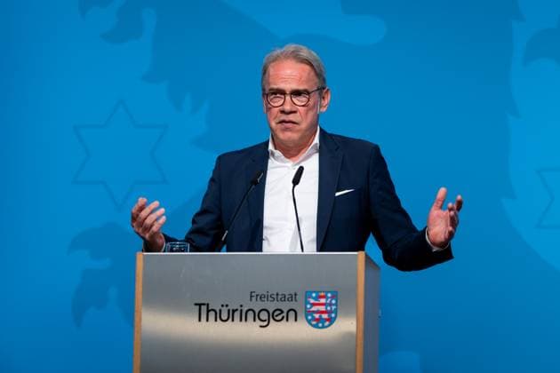 News Bilder des Tages REGIERUNGSMEDIENKONFERENZ DER THÜRINGER LANDESREGIERUNG 13 05 2025 - Erfurt: Der Thüringer Innenminister Georg Maier (SPD) in der Regierungsmedienkonferenz der Thüringer Landesregierung am 13. Mai 2025 im Erfurter Haus Dacheröden. _________________