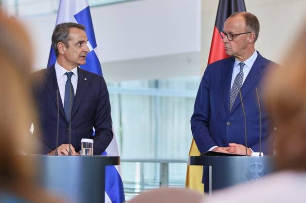 Berlin, Deutschland, 13.05.2025: Bundeskanzleramt: Empfang des griechischen Ministerpräsidenten durch den deutschen Kanzler: Kyriakos Mitsotakis und Bundeskanzler Friedrich Merz (CDU) Copyright: xdtsxNachrichtenagenturx dts_66715
