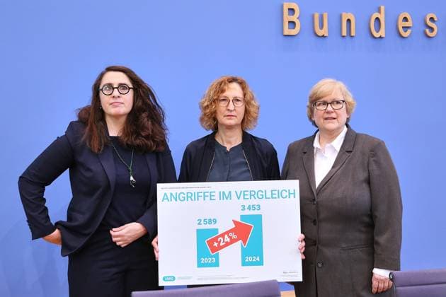 Bilder des Jahres 2025, News 05 Mai News Themen der Woche KW21 News Bilder des Tages Berlin, Deutschland, 20.05.2025: Bundespressekonferenz: Vorstellung Jahresstatistik 2024 zu rechter, rassistischer und antisemitischer Gewalt sowie zum Anstieg insbesondere bei rassistisch, rechts und queerfeindlich motivierten Gewalttaten: Seda Basay-Yildiz, Judith Porath und Beate Rudolf stellen die Statistik vor Copyright: xdtsxNachrichtenagenturx dts_67881
