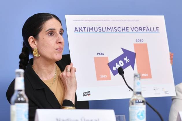 Bilder des Jahres 2025, News 06 Juni News Themen der Woche KW25 News Bilder des Tages Berlin, Deutschland, 17.06.2025: Haus der Bundespressekonferenz: Pressekonferenz: CLAIM - Lagebild antimuslimischer Rassismus 2024: Rima Hanano hält eine Grafik hoch Copyright: xdtsxNachrichtenagenturx dts_71194