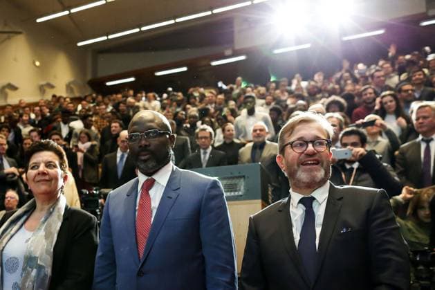 Le président du Libéria George Weah assiste à une conférence-débat au CNAM (Centre National des Arts et Métiers) sur le thème de la formation et de l éducation à Paris le 20 février 2018. A la suite de la conférence, le président du Libéria a visité le musée des Arts et Métiers. Puis, les officiels ont signé un acte de coopération entre la France et le Libéria pour la formation professionnelle et l apprentissage. Stéphane Lemouton Bestimage Paris France Copyright: xStephanexLemoutonx xBestimagexStephanexLemoutonx xBestimagex