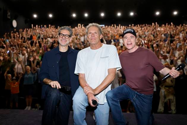 Die Schauspieler Rick Kavanian, Christian Tramitz und Michael Bully Herbig bei der Kino-Tour zu ihrem neuen Film Das Kanu des Manitu im Cineplex Kino. Leverkusen, 18.08.2025 NRW Deutschland Copyright: xChristophxHardtx