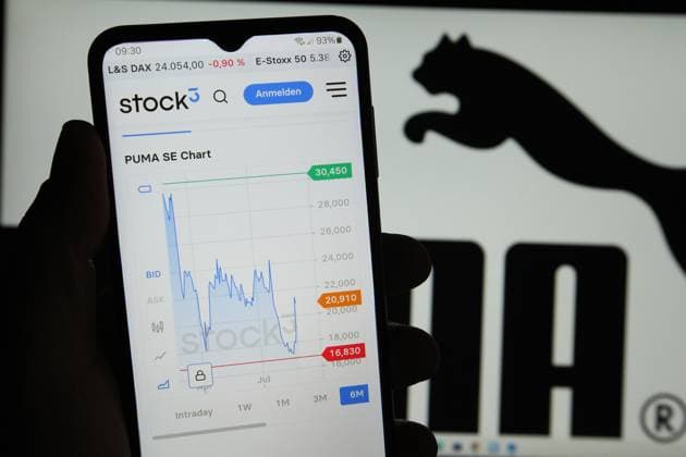 RECORD DATE NOT STATED Auf einem Smartphone wurde die Website der Stock3 AG mit dem Aktienkurs des Sportartikelanbieters PUMA geöffnet. Dahinter wurde das Logo der Gesellschaft PUMA aufgerufen. Symbolbild Symbolfoto. Schnelsen Hamburg