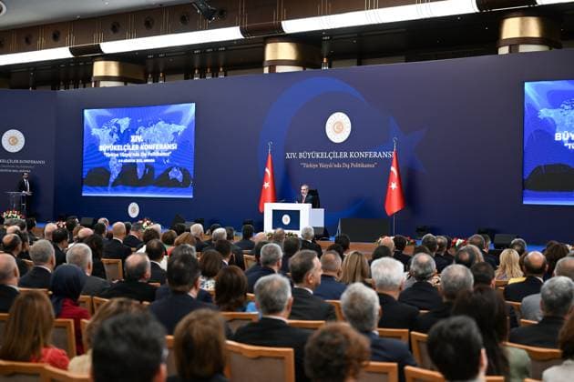 Turkish Foreign Minister Hakan Fidan in Ankara ANKARA, TURKIYE - AUGUST 6: Turkish Foreign Minister Hakan Fidan speaks during the XIV. Plenary session of the Conference of Ambassadors in Ankara, Turkiye on August 6, 2023. Ankara Turkey. Editorial use only. Please get in touch for any other usage.  Copyright: x2025xAnadoluxMuratxGökx
