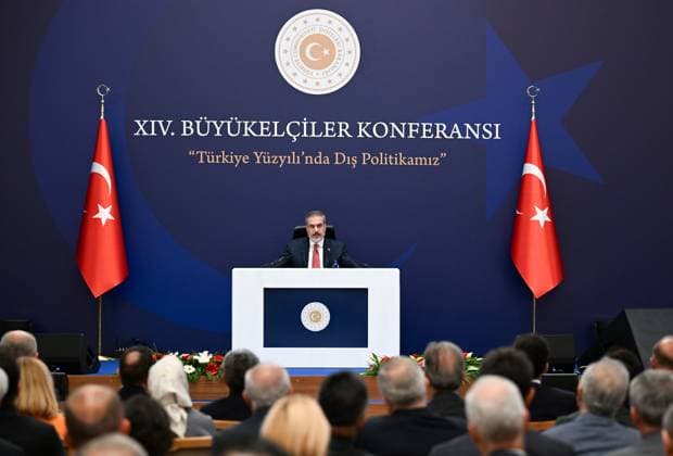 Turkish Foreign Minister Hakan Fidan in Ankara ANKARA, TURKIYE - AUGUST 6: Turkish Foreign Minister Hakan Fidan speaks during the XIV. Plenary session of the Conference of Ambassadors in Ankara, Turkiye on August 6, 2023. Ankara Turkey. Editorial use only. Please get in touch for any other usage.  Copyright: x2025xAnadoluxMuratxGökx