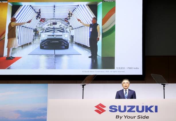 September 16, 2025, Tokyo, Japan - Japan s automaker Suzuki Motor president Toshihiro Suzuki announces to launch the company s first battery electric vehicle (BEV) eVitara on the Japanese market in Tokyo on Tuesday, September 16, 2025. The 5-seater SUV eVitara, manufactured in India, enables to cruise 520km for 2WD model, while 472km for 4WD model with a charge. (photo by Yoshio Tsunoda AFLO)  aflo_303624872