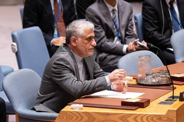 September 19, 2025, Bronx, New York, USA: Ambassador Amir Saeid Iravani of Islamic Republic of Iran attends Security Council meeting on Non-proliferation as Council voted on draft resolution to maintain the suspension of sanctions on Iran at UN headquarters in New York, NY on September 19, 2025. The resolution received 4 votes in favor, 9 against and abstentions and was not adopted. Bronx USA - ZUMAr339 20250919_znp_r339_038 Copyright: xLevxRadinx