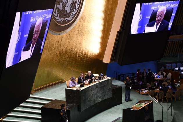 US UN General Assembly 9013325 25.09.2025 Palestinian President Mahmoud Abbas appears on a screen to address the 80th United Nations General Assembly (UNGA) at the U.N. headquarters in New York, the United States. RIA Novosti Sputnik New York USA  Copyright: xRIAxNovostix