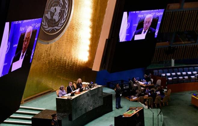 US UN General Assembly 9013328 25.09.2025 Palestinian President Mahmoud Abbas appears on a screen to address the 80th United Nations General Assembly (UNGA) at the U.N. headquarters in New York, the United States. RIA Novosti Sputnik New York USA  Copyright: xRIAxNovostix