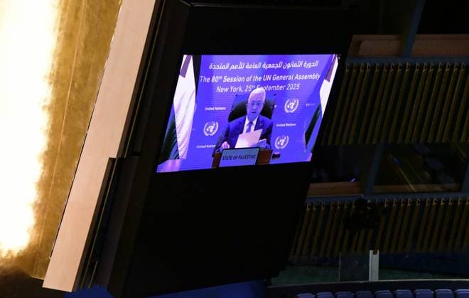 US UN General Assembly 9013329 25.09.2025 Palestinian President Mahmoud Abbas appears on a screen to address the 80th United Nations General Assembly (UNGA) at the U.N. headquarters in New York, the United States. RIA Novosti Sputnik New York USA  Copyright: xRIAxNovostix