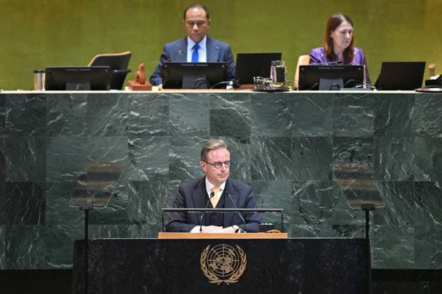 Belgian Prime Minister Bart De Wever and delivers a speech during the Assemblys General Debate during the week of the 80th session of the United Nations General Assembly (UNGA80), in New York City, United States of America, Thursday 25 September 2025.  TONYxBEHAR 135287611