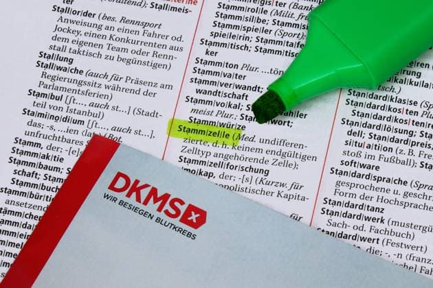 Duden mit Marker und Broschüre von DKMS Duden mit Marker und Broschüre von DKMS, 21.09.2025, Borkwalde, Brandenburg, In einem Duden mit einer Broschüre von DKMS wurde mit einem Marker das Wort Stammzelle hervorgehoben.