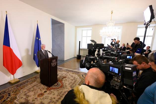 Czech President Petr Pavel speaks with journalists after a post-election talks with party leaders of the Pirates, SPD and Motorists for Ourselves in Prague, Czech Republic, October 6, 2025. (CTKxPhoto MichalxKamaryt) CTKPhotoP2025100603777  CTKPhotoP2025100603777