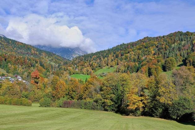Berchtesgaden, Deutschland 15.10.2025: Im Bild: Blick auf herbstlich gefärbte Wälder und Wiesen bei Berchtesgaden im bayerischen Alpenvorland. Dichte Wolken verdecken die Gipfel der Berchtesgadener Alpen, während im Vordergrund bunte Laubbäume die Landschaft prägen. Symbolbild für Herbst, Natur und Klima in Süddeutschland. Bayern Copyright: xFotostandx xWassmuthx