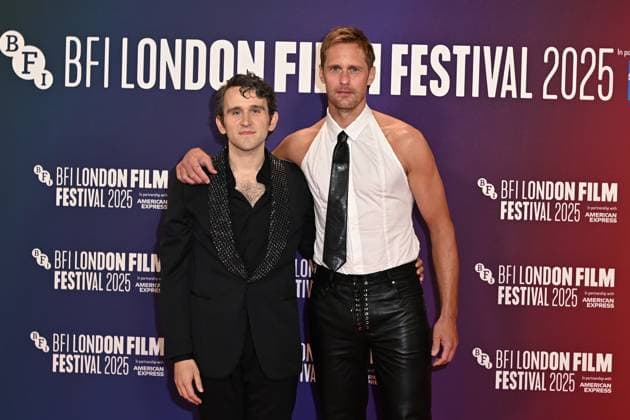 Harry Melling and Alexander Skarsgard attends Pillion Premiere during the BFI London Film Festival, at the Southbank Centre, Royal Festival Hall in London, England. UK. Saturday 18th October 2025 Copyright: xJamesxWarrenx LFF- PILLION 3