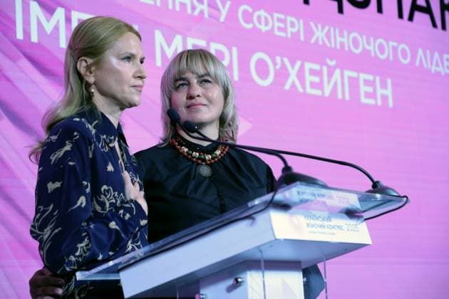Deputy Chairperson of the Verkhovna Rada of Ukraine and co-founder of the Ukrainian Women’s Congress Olena Kondratiuk (L) and Oksana Tsybukh, mother of journalist, paramedic of the Hospitallers medical battalion, and Hero of Ukraine Iryna Tsybukh, attend the Ukrainian Women’s Congress 2025, held this year under the slogan The Courage to Be Yourself, Kyiv, Ukraine, on October 23, 2025 (Photo by Yuliia Ovsiannikova Ukrinform) Ukrainian Women’s Congress 2025 held in Kyiv  Copyright: xYuliiaxOvsiannikovax